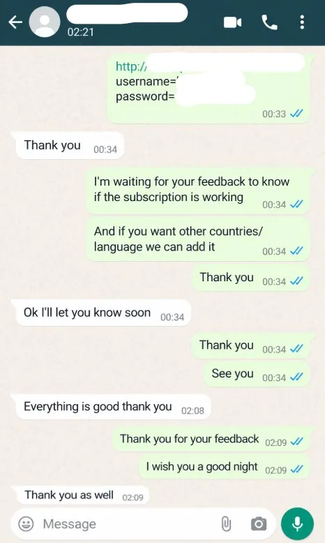 WhatsApp review from a Tvlio customer